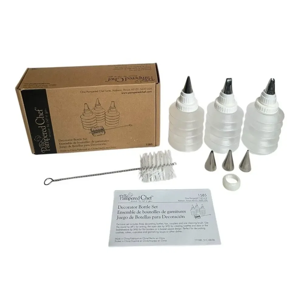 Pampered Chef 1585 Pastry Cake Decorator Bottle Set 3 Bottles & 6 Piping Tips